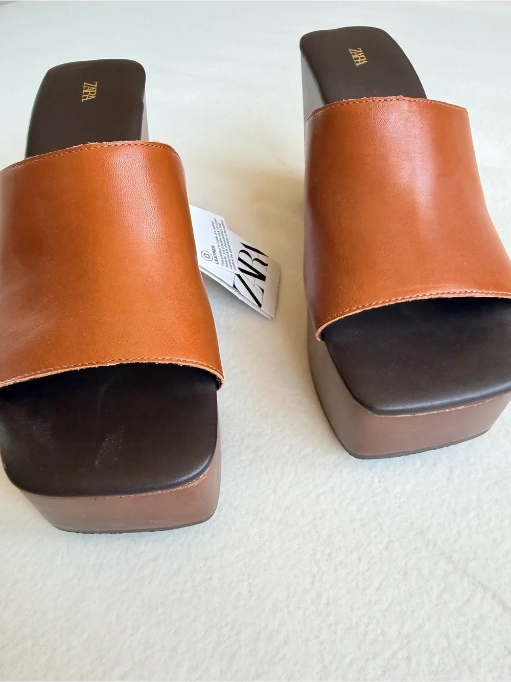 New ZARA Cognac Brown Leather Platform